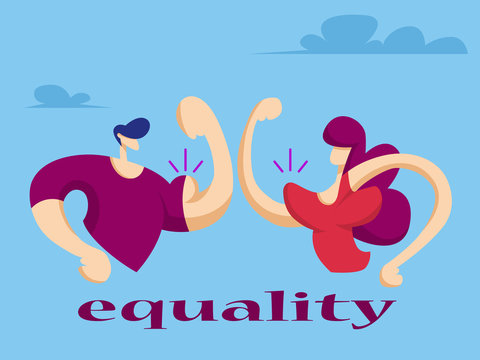 Woman and man show their muscles. Equal women's rights. Vector illustration in flat style