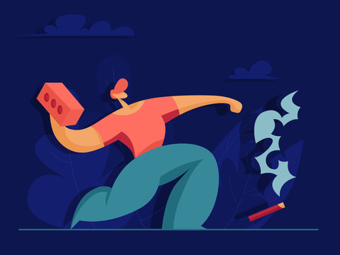 Riots, street protest. Man throws a brick. Vector illustration in flat style