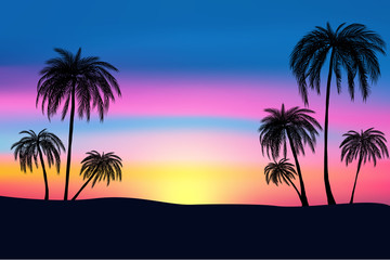 Fototapeta na wymiar sunset and tropical palm trees with colorful landscape background, vector, eps 10 file