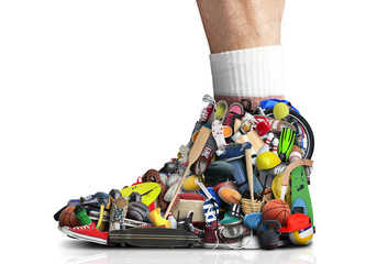 Great sneaker made up of different sneakers and sports accessories