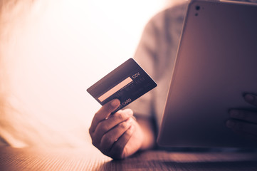 Online shopping, payment at the store, credit card, concept.