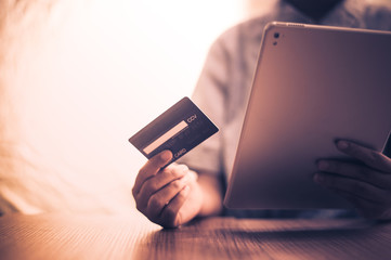 Online shopping, payment at the store, credit card, concept.