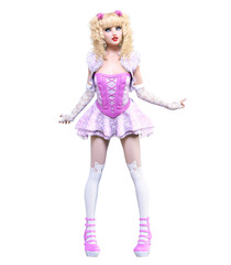 Young beautiful goth girl with doll face posing photo shoot. Short pink dress, stockings, shoes. Long blonde hair. Bright goth make up. Conceptual fashion art. Realistic 3D render illustration.