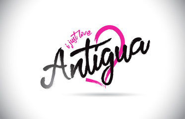 Antigua I Just Love Word Text with Handwritten Font and Pink Heart Shape.
