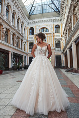 Obraz premium Beautiful delicate young woman, sexy bride in luxurious wedding dress