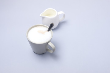 Tasty Cappuccino Cup of Cappuccino Coffee Milk Cream Horizontal Blue Background Copy Space
