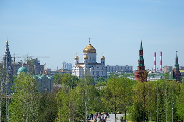 Fototapeta na wymiar Moscow, Russia - may 12, 2018: Spring view of Zaryadye natural landscape Park and the Cathedral of Christ the Saviour