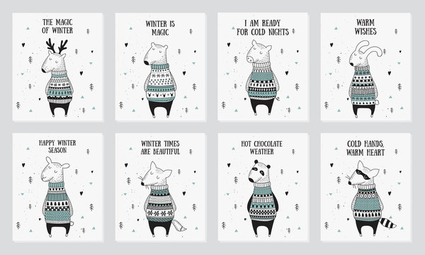 Vector postcard collection with cute winter animals in cozy sweater