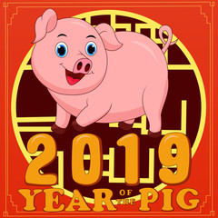 Happy Chinese new year 2019.Year of the pig.Cute Pig and Chinese words design on red background for greetings card, flyers, invitation,brochure, banners.Chinese Translation :Happy Chinese new year