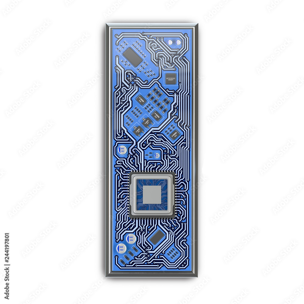 Poster letter i. alphabet in circuit board style. digital hi-tech letter isolated on white.