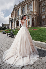 Obraz premium Beautiful, elegant bride with a perfect wedding dress, poses around beautiful architecture