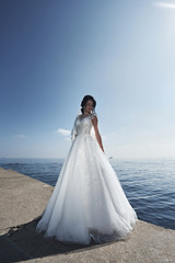 Fototapeta na wymiar Bride in a wedding dress on the beach by the sea against the background of a blue sky
