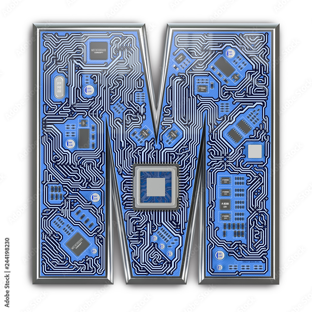 Poster letter m. alphabet in circuit board style. digital hi-tech letter isolated on white.