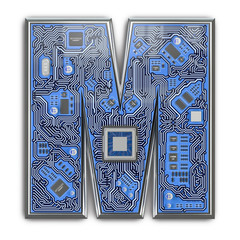 Letter M.  Alphabet in circuit board style. Digital hi-tech letter isolated on white.