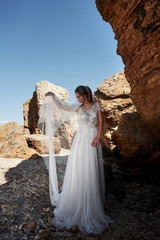 Portrait of a girl in a wedding gorgeous dress posing a photographer on the beach. The bride is on the rocks