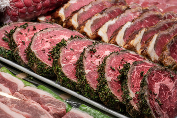 Background with fresh and raw meat slices.