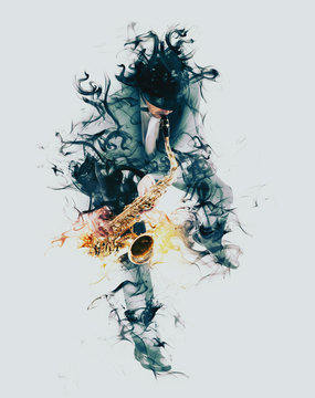 Man playing on saxophone isolated on smoke