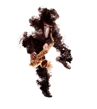 Man playing on saxophone isolated on smoke