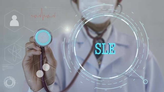 SLE disease.Doctor using stethoscope on medicine background. Futuristic technology. data hologram healthy concept.