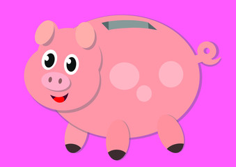 Happy piggy bank isolated on pink background - vector illustration