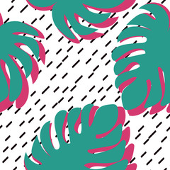 Floral seamless pattern with monstera leaves. Green and pink leaves of Monstera. Line Background. Tropical pattern with leaves.