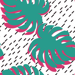 Fototapeta na wymiar Floral seamless pattern with monstera leaves. Green and pink leaves of Monstera. Line Background. Tropical pattern with leaves.