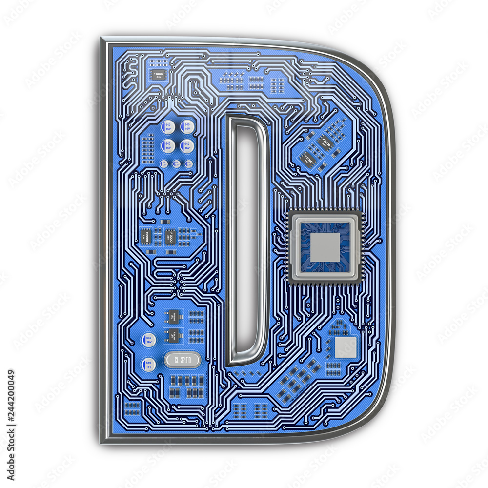 Poster letter d. alphabet in circuit board style. digital hi-tech letter isolated on white.