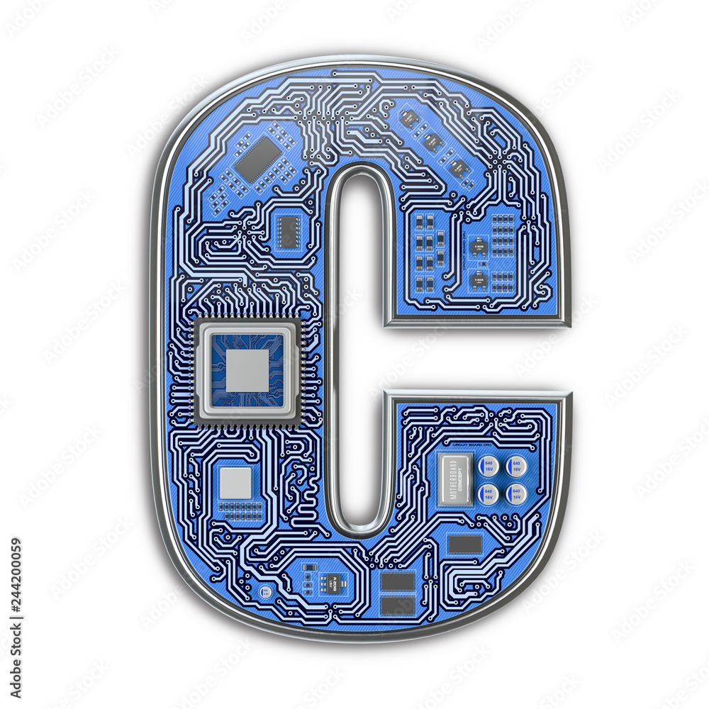 Poster letter c. alphabet in circuit board style. digital hi-tech letter isolated on white.