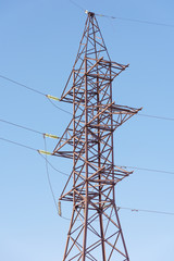 View of electrics, electric lines on the background of blue sky and good weather.