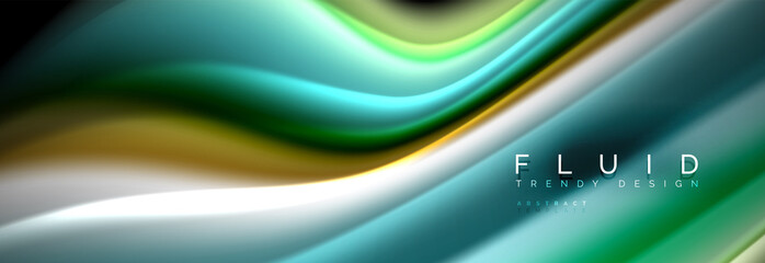 Bright colorful liquid fluid lines on black, modern abstract background