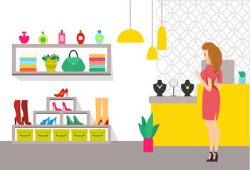 Shopping Female at Store with Accessories Vector