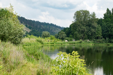 Fototapeta premium mountains, forest, trees, lake, water, shore, meadow, grass, beauty, nature