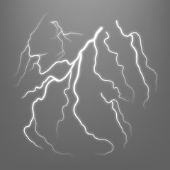 Lightningts set, realistic thunderstorm electricity flash. Vector illustration.