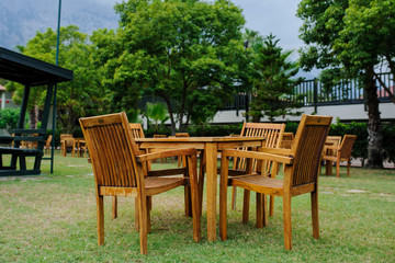 Obraz premium wooden chairs with table outdoors at a hotel in Turkey
