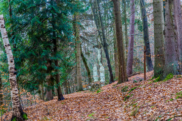 beautiful image of the cross twelfth station (Jesus dies on the cross) in Vielsalm grotto our Lady of Lourdes on a magical autumn day in the Belgian Ardennes