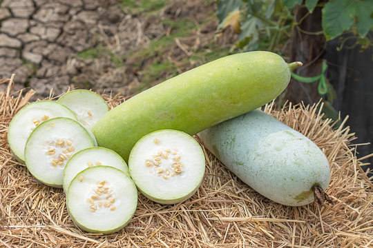 Winter melon is cut into pieces on the straw.