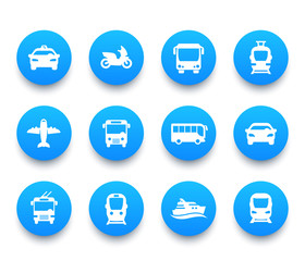 Passenger transport icons set, bus, subway, tram, train, taxi, car, airplane, cab, and ship