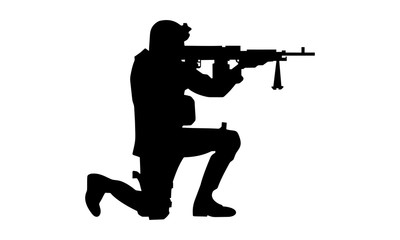 army silhouette with complete weapons attacked while squatting.
