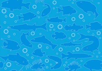 Naklejka premium Marine seamless background. Fish in the vector on a blue background.