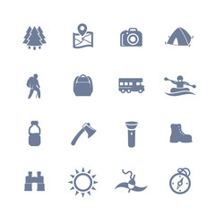 Fototapeta premium Hiking, camping, outdoor adventures icons set