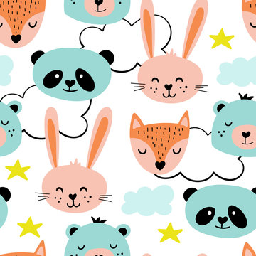 Seamless pattern with cute animals characters.