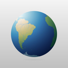 Earth globe with green continents. Modern 3d world map concept. World map realistic blue ball vector illustration.
