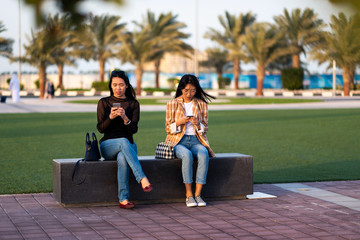 Two girls using phone in the park