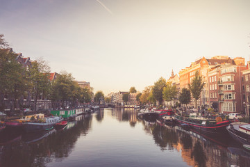 Fototapeta premium Typical view of canal embankment in historic center of city, Amsterdam, Netherlands.