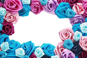 Valentine's frame with blue and pink handmade silk roses, copy space