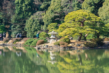 Fototapeta na wymiar Tourists and stone lantern and green trees with reflection in water (Japanese garden in Tokyo, Japan)