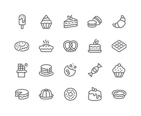 Simple Set of Dessert Related Vector Line Icons. Contains such Icons as Macarons, Bagel, Sweet Waffle and more. Editable Stroke. 48x48 Pixel Perfect. - obrazy, fototapety, plakaty