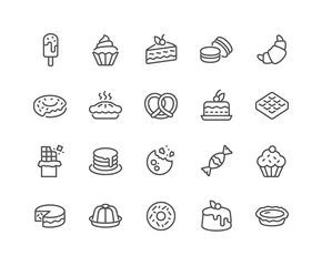 Fotobehang Simple Set of Dessert Related Vector Line Icons. Contains such Icons as Macarons, Bagel, Sweet Waffle and more. Editable Stroke. 48x48 Pixel Perfect. © davooda
