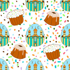 Seamless pattern with Easter cakes, painted eggs. happy Easter. Festive background. Design for banner, poster or print.