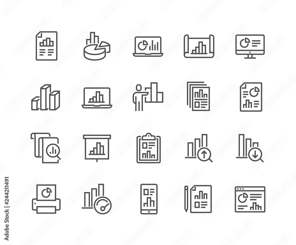Fototapete simple set of graph related vector line icons. contains such icons as report, abstract chart present